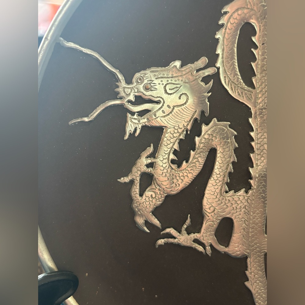 VINTAGE Chinese Tin Lay Art Decorative Plate with Silver Dragon Design - Picture 3 of 16